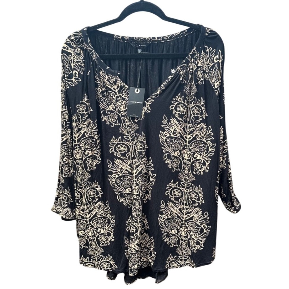 Lucky Brand Women 2X Black Cream Damask Floral Print Long Sleeve Tunic Blouse